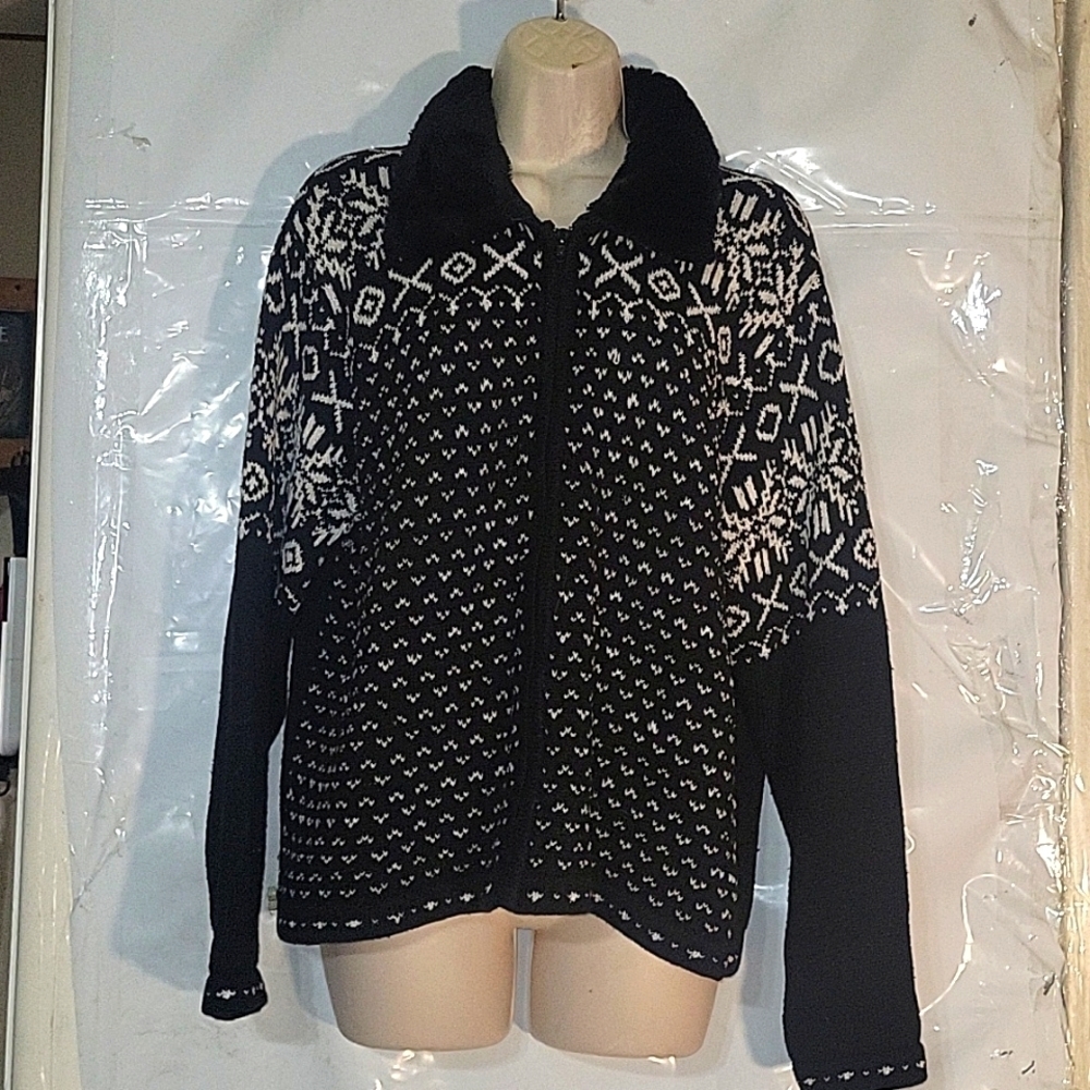 YARNWORKS Ramie Wool Blend Full Zipper Sweater Faux Fur Collar Lightweight L Blk